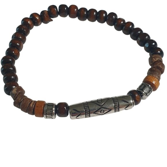 Wood Beaded Bracelet Tribal Accent Stretchable Brown Silver Mixed Material Gift - Picture 2 of 3